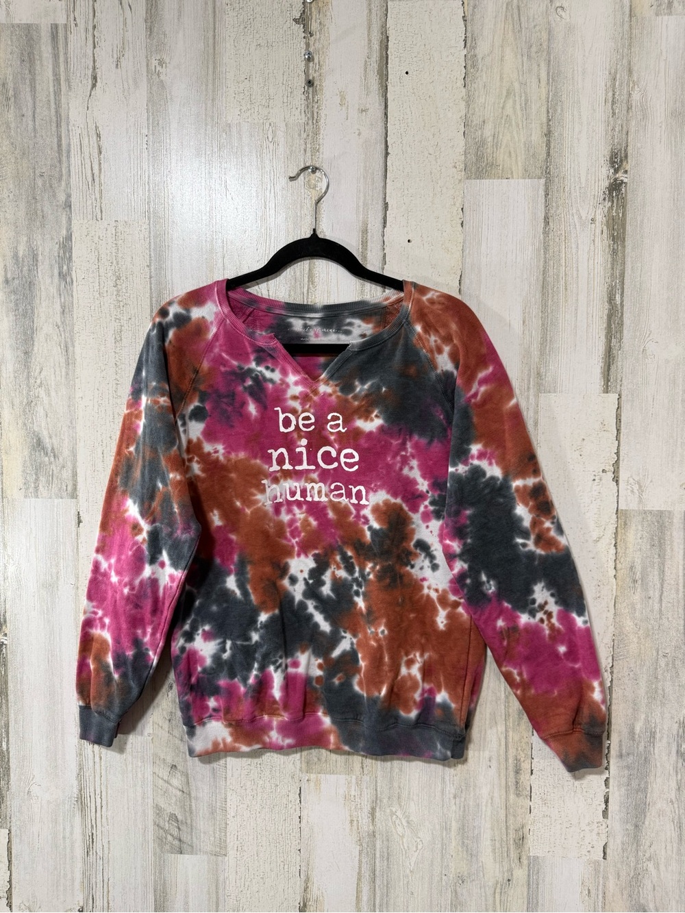State of Mine Tie-Dye "be a nice human" Sweatshirt in Pink, Brown, Gray
